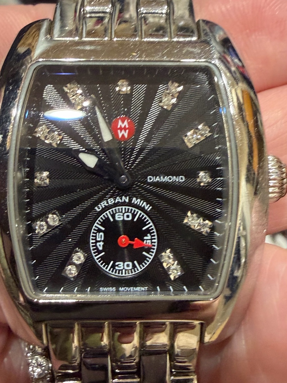 Michele Urban Mini Diamond Watch - Black and Silver with Red Accents